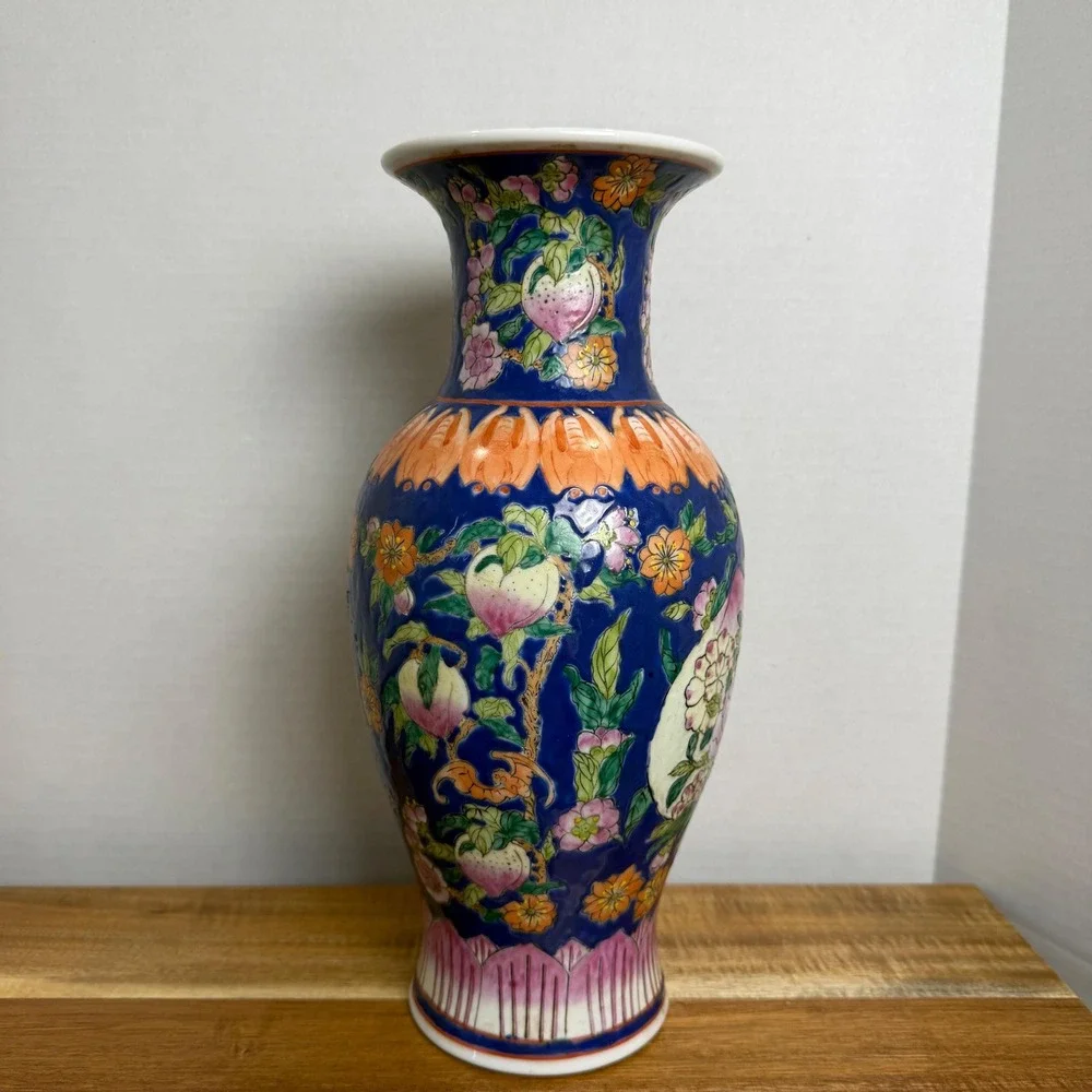 Chinese Vase Famille Rose Floral Cobalt Blue Qianlong Style Chinoiserie
